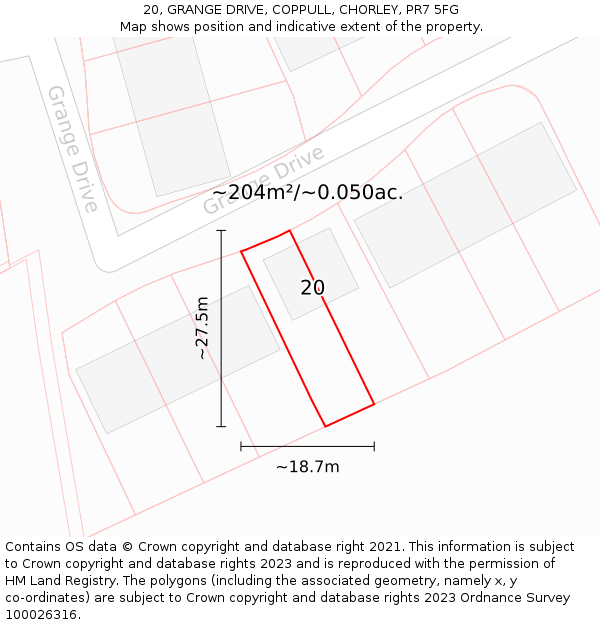 20, GRANGE DRIVE, COPPULL, CHORLEY, PR7 5FG: Plot and title map