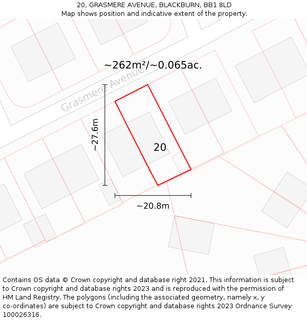 20, GRASMERE AVENUE, BLACKBURN, BB1 8LD: Plot and title map