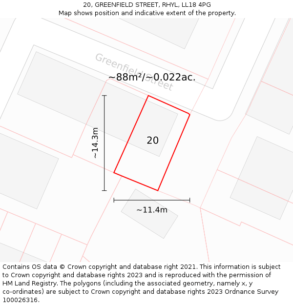 20, GREENFIELD STREET, RHYL, LL18 4PG: Plot and title map