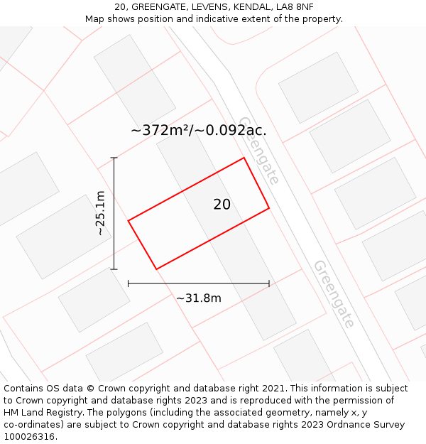 20, GREENGATE, LEVENS, KENDAL, LA8 8NF: Plot and title map