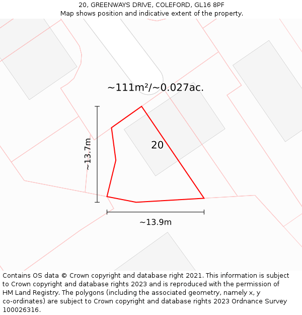 20, GREENWAYS DRIVE, COLEFORD, GL16 8PF: Plot and title map