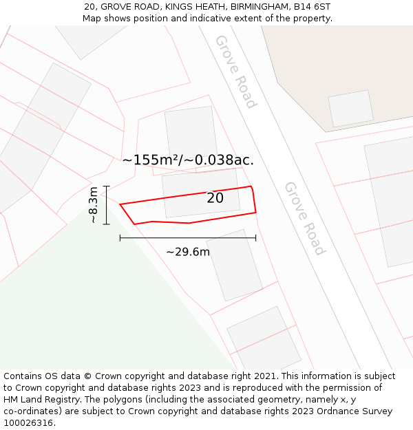 20, GROVE ROAD, KINGS HEATH, BIRMINGHAM, B14 6ST: Plot and title map