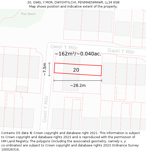20, GWEL Y MOR, DWYGYFYLCHI, PENMAENMAWR, LL34 6SB: Plot and title map