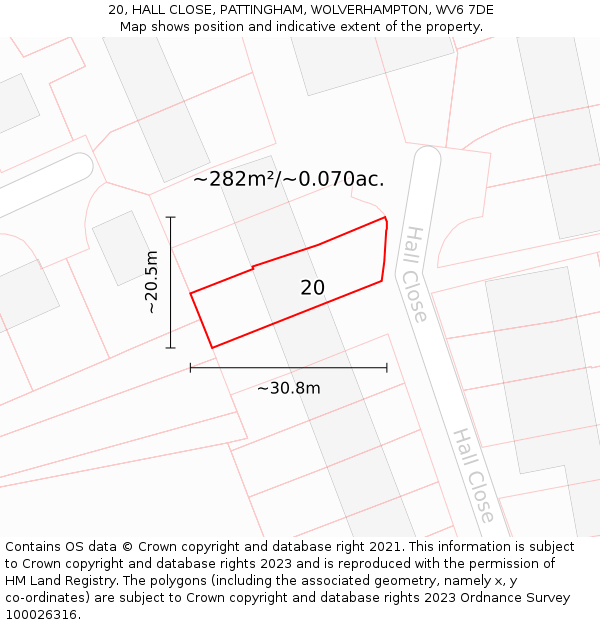 20, HALL CLOSE, PATTINGHAM, WOLVERHAMPTON, WV6 7DE: Plot and title map