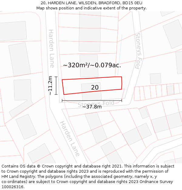 20, HARDEN LANE, WILSDEN, BRADFORD, BD15 0EU: Plot and title map