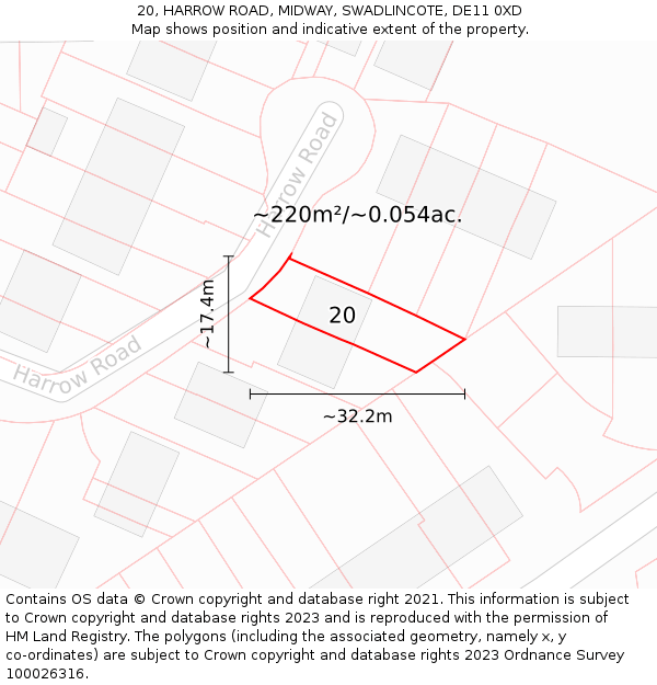 20, HARROW ROAD, MIDWAY, SWADLINCOTE, DE11 0XD: Plot and title map