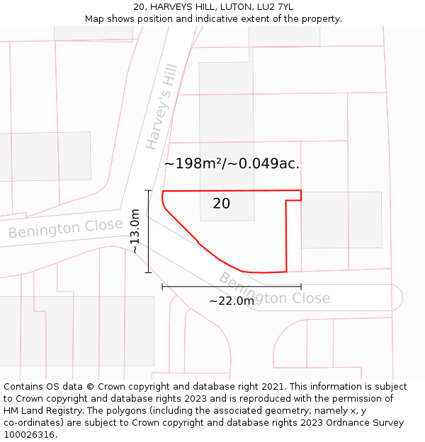 20, HARVEYS HILL, LUTON, LU2 7YL: Plot and title map