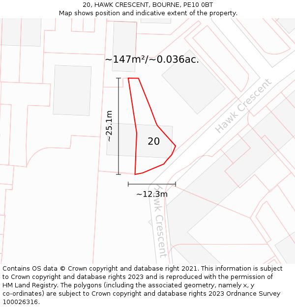 20, HAWK CRESCENT, BOURNE, PE10 0BT: Plot and title map