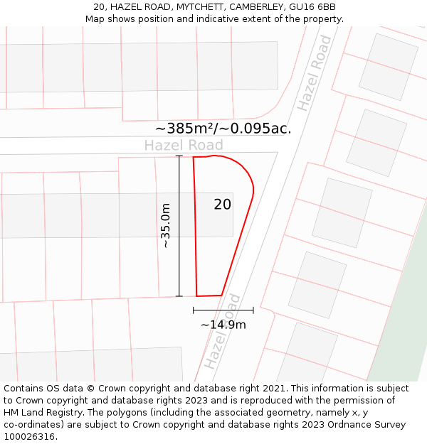 20, HAZEL ROAD, MYTCHETT, CAMBERLEY, GU16 6BB: Plot and title map