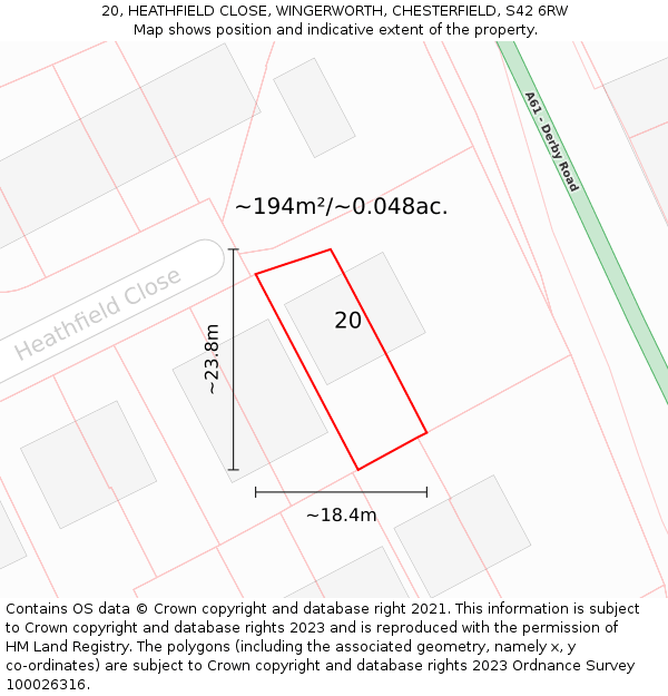20, HEATHFIELD CLOSE, WINGERWORTH, CHESTERFIELD, S42 6RW: Plot and title map