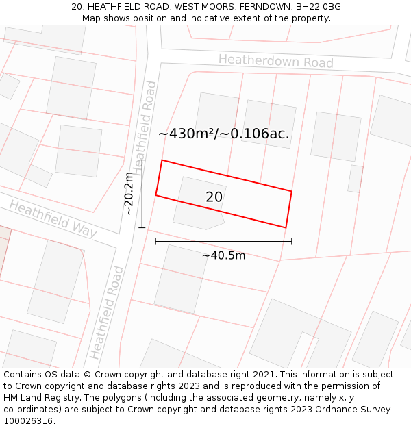 20, HEATHFIELD ROAD, WEST MOORS, FERNDOWN, BH22 0BG: Plot and title map
