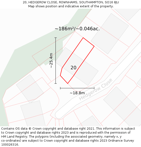 20, HEDGEROW CLOSE, ROWNHAMS, SOUTHAMPTON, SO16 8JU: Plot and title map