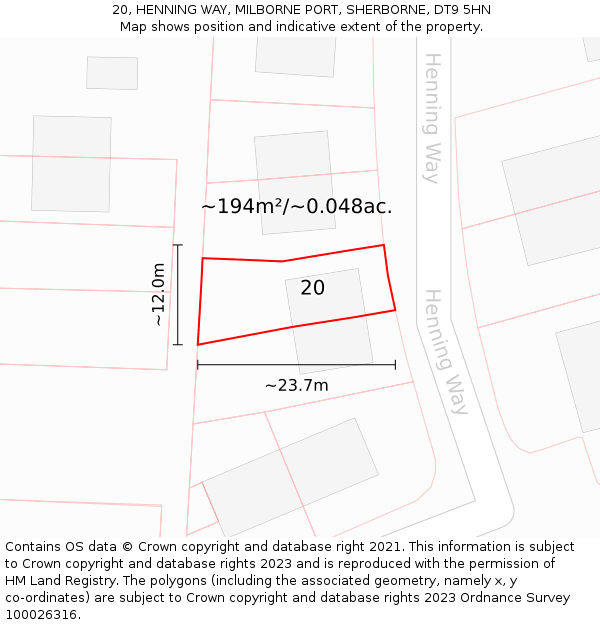 20, HENNING WAY, MILBORNE PORT, SHERBORNE, DT9 5HN: Plot and title map