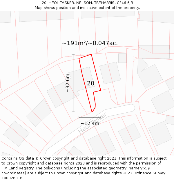 20, HEOL TASKER, NELSON, TREHARRIS, CF46 6JB: Plot and title map