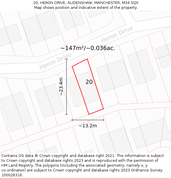 20, HERON DRIVE, AUDENSHAW, MANCHESTER, M34 5QX: Plot and title map