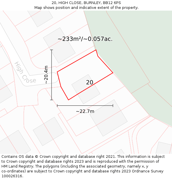 20, HIGH CLOSE, BURNLEY, BB12 6PS: Plot and title map