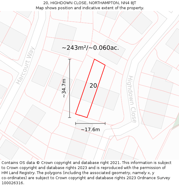 20, HIGHDOWN CLOSE, NORTHAMPTON, NN4 8JT: Plot and title map