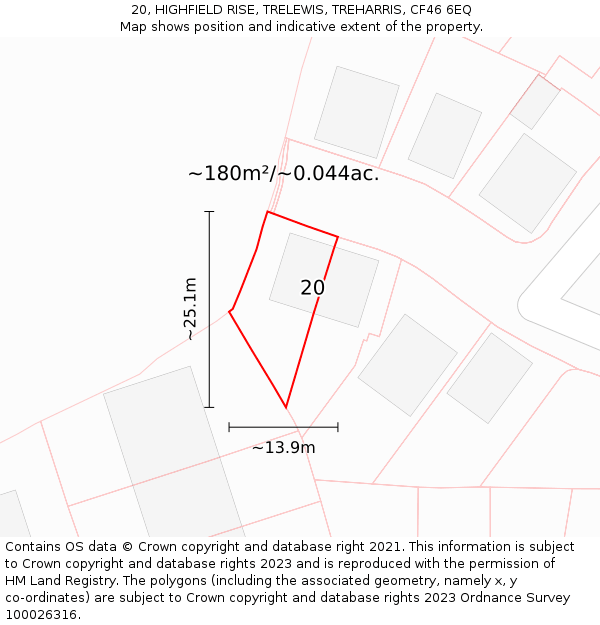 20, HIGHFIELD RISE, TRELEWIS, TREHARRIS, CF46 6EQ: Plot and title map