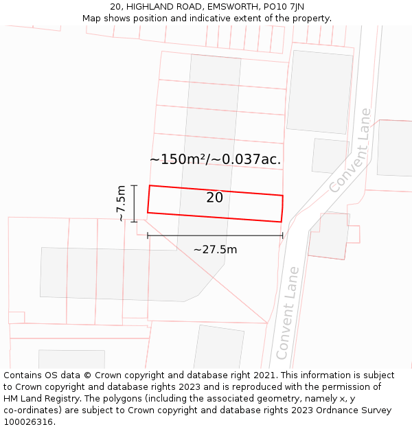 20, HIGHLAND ROAD, EMSWORTH, PO10 7JN: Plot and title map