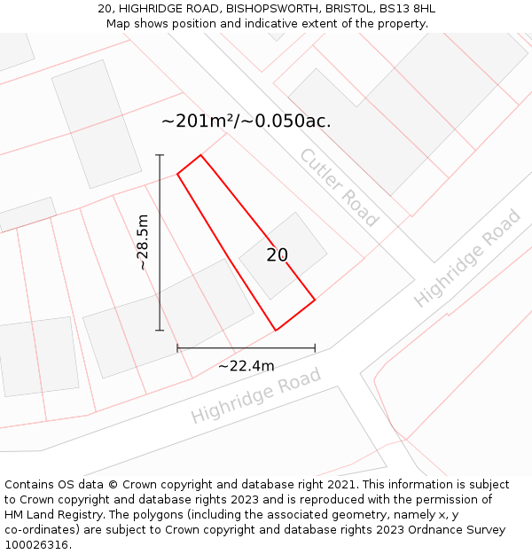 20, HIGHRIDGE ROAD, BISHOPSWORTH, BRISTOL, BS13 8HL: Plot and title map