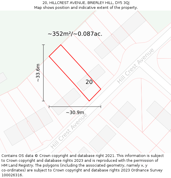 20, HILLCREST AVENUE, BRIERLEY HILL, DY5 3QJ: Plot and title map