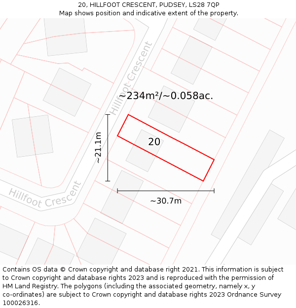 20, HILLFOOT CRESCENT, PUDSEY, LS28 7QP: Plot and title map