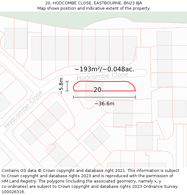 20, HODCOMBE CLOSE, EASTBOURNE, BN23 8JA: Plot and title map
