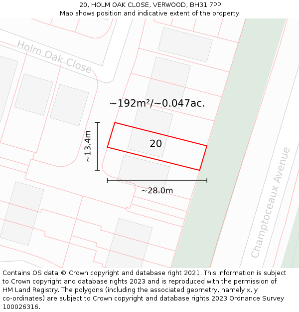 20, HOLM OAK CLOSE, VERWOOD, BH31 7PP: Plot and title map