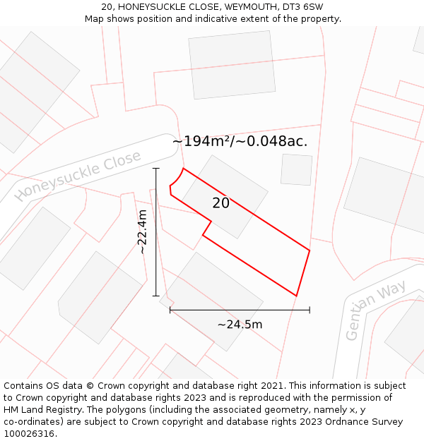 20, HONEYSUCKLE CLOSE, WEYMOUTH, DT3 6SW: Plot and title map