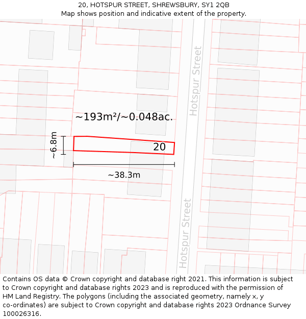 20, HOTSPUR STREET, SHREWSBURY, SY1 2QB: Plot and title map