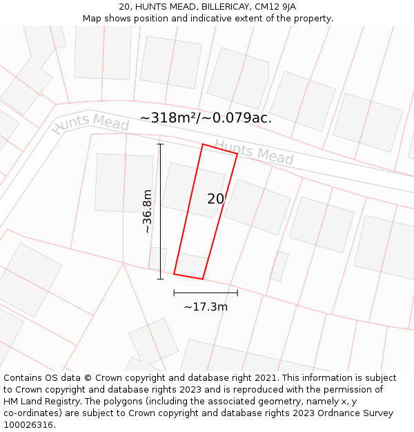 20, HUNTS MEAD, BILLERICAY, CM12 9JA: Plot and title map