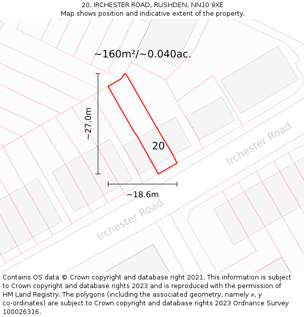 20, IRCHESTER ROAD, RUSHDEN, NN10 9XE: Plot and title map