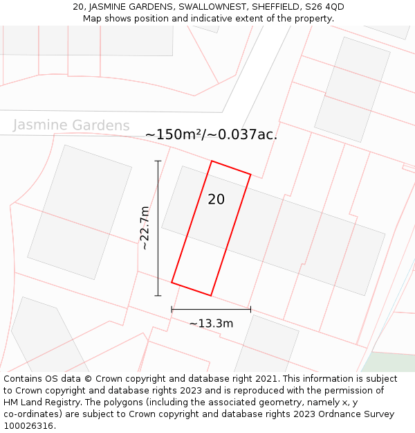 20, JASMINE GARDENS, SWALLOWNEST, SHEFFIELD, S26 4QD: Plot and title map