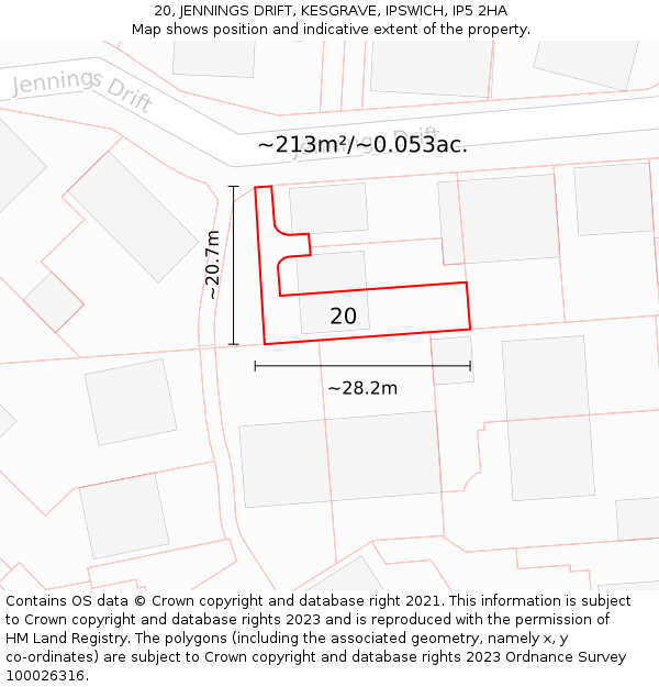 20, JENNINGS DRIFT, KESGRAVE, IPSWICH, IP5 2HA: Plot and title map