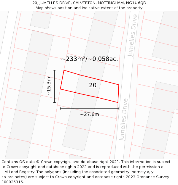 20, JUMELLES DRIVE, CALVERTON, NOTTINGHAM, NG14 6QD: Plot and title map