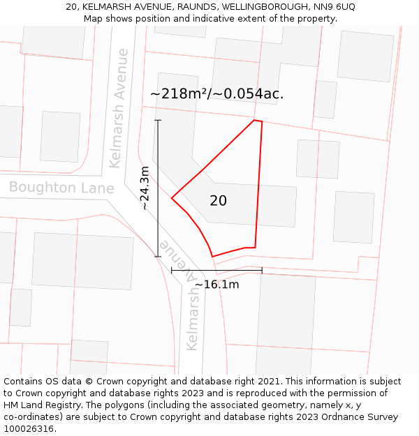 20, KELMARSH AVENUE, RAUNDS, WELLINGBOROUGH, NN9 6UQ: Plot and title map