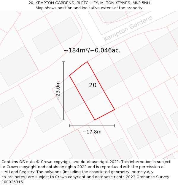 20, KEMPTON GARDENS, BLETCHLEY, MILTON KEYNES, MK3 5NH: Plot and title map