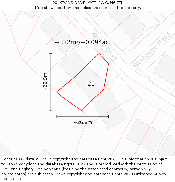 20, KEVINS DRIVE, YATELEY, GU46 7TL: Plot and title map