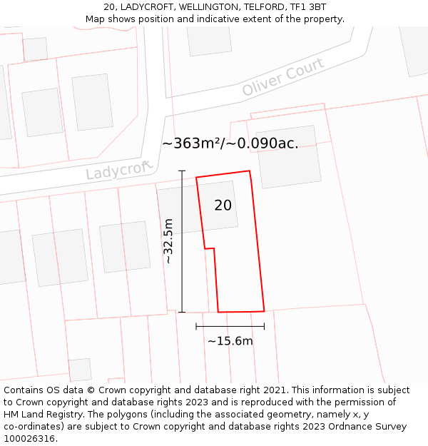 20, LADYCROFT, WELLINGTON, TELFORD, TF1 3BT: Plot and title map