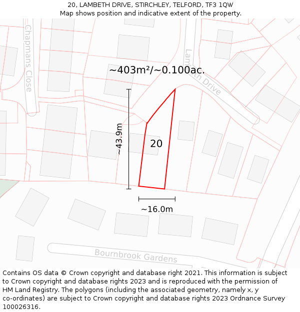 20, LAMBETH DRIVE, STIRCHLEY, TELFORD, TF3 1QW: Plot and title map