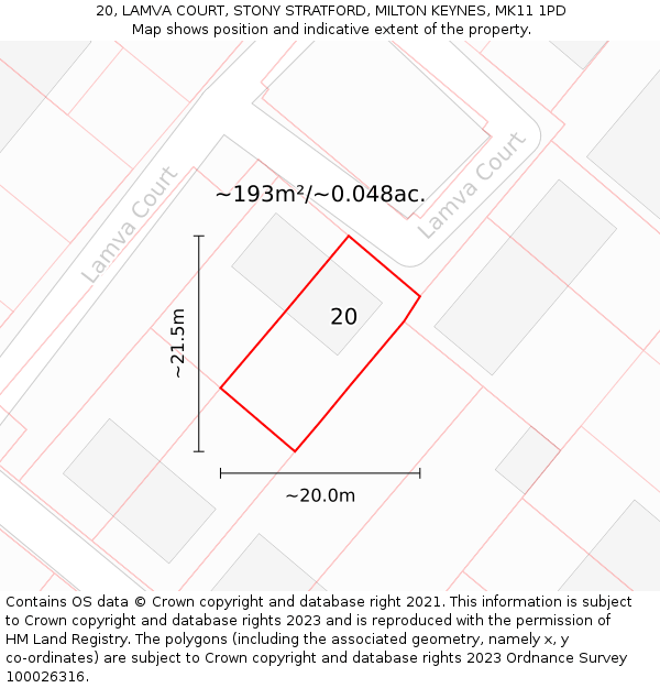 20, LAMVA COURT, STONY STRATFORD, MILTON KEYNES, MK11 1PD: Plot and title map