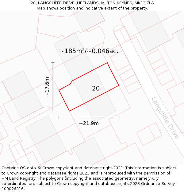 20, LANGCLIFFE DRIVE, HEELANDS, MILTON KEYNES, MK13 7LA: Plot and title map