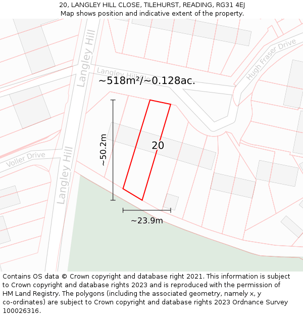 20, LANGLEY HILL CLOSE, TILEHURST, READING, RG31 4EJ: Plot and title map