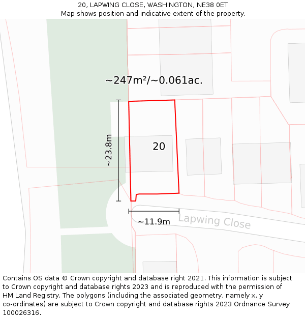 20, LAPWING CLOSE, WASHINGTON, NE38 0ET: Plot and title map