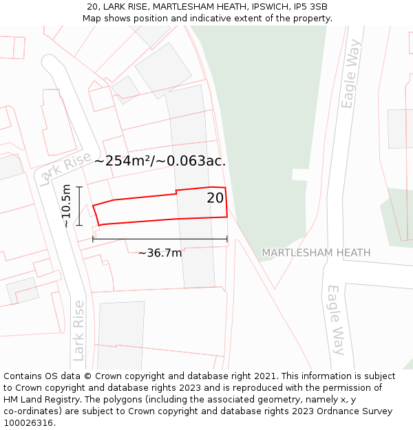 20, LARK RISE, MARTLESHAM HEATH, IPSWICH, IP5 3SB: Plot and title map