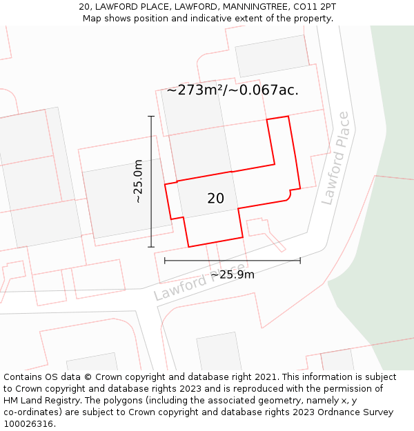 20, LAWFORD PLACE, LAWFORD, MANNINGTREE, CO11 2PT: Plot and title map