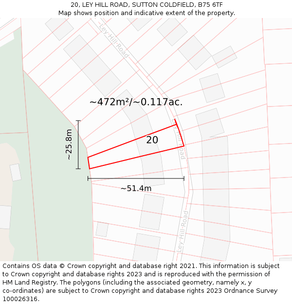 20, LEY HILL ROAD, SUTTON COLDFIELD, B75 6TF: Plot and title map