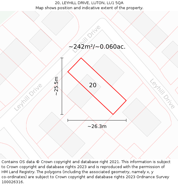 20, LEYHILL DRIVE, LUTON, LU1 5QA: Plot and title map