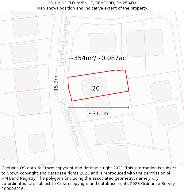 20, LINDFIELD AVENUE, SEAFORD, BN25 4DX: Plot and title map