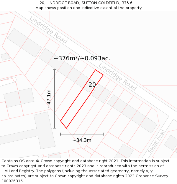 20, LINDRIDGE ROAD, SUTTON COLDFIELD, B75 6HH: Plot and title map